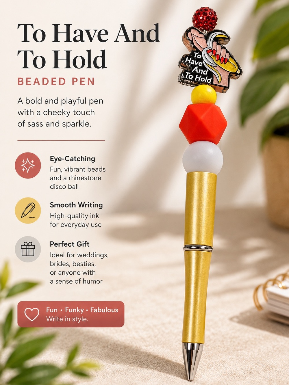 Hand Crafted Gold Pen with Red, Orange & White Beads